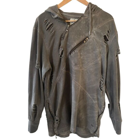 Men Thrashed Quarter Zip Pullover Hoodie Gray Size XL Grunge Punk Distressed 90s - Picture 1 of 14